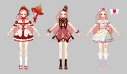  1girl black_shoes blue_dress bonnet brown_socks cake cherry_hair_ornament chocolate choker cleo_(king&#039;s_raid) commentary concept_art criss-cross_halter detached_sleeves dress english_commentary food food-themed_clothes food-themed_hair_ornament food-themed_hat frilled_choker frilled_thigh_strap frills fruit full_body green_dress hair_ornament halterneck hat high_heels highres icing ji_yu_lee king&#039;s_raid layered_dress long_hair mary_janes mini_hat mini_top_hat multiple_views official_art petticoat pink_dress pink_hair pink_ribbon pink_shoes red_dress red_eyes red_shoes ribbon shoes socks solo sprinkles star_(symbol) strawberry thigh_strap top_hat white_dress white_ribbon white_socks wrist_cuffs 