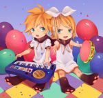  bad_id balloon brother_and_sister checkered checkered_floor child confetti headset instrument kagamine_len kagamine_rin paws piano siblings sitting tambourine twins vocaloid 