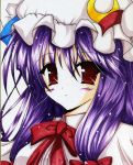  blush crescent crescent_moon hat long_hair mon_yashiro_well patchouli_knowledge purple_hair red_eyes shikishi solo touhou traditional_media 