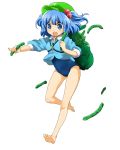  backpack bad_id bag barefoot blue_eyes blue_hair cucumber error feet hair_bobbles hair_ornament hat highres kawashiro_nitori key machiko_(artist) matyinging no_pants one-piece_swimsuit randoseru running school_swimsuit solo swimsuit swimsuit_under_clothes touhou twintails 