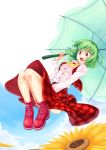  ascot ass baiken_(artist) checkered checkered_skirt dress_shirt flower green_hair highres kazami_yuuka panties parasol plaid red_eyes shirt short_hair skirt solo striped striped_panties sunflower touhou umbrella underwear vest youkai 