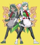  2girls apron belt bowtie dual_persona female genderswap gloves green_hair kamen_rider kamen_rider_1 maid maid_headdress personification red_eyes scarf shoes skirt thigh-highs ueyama_michirou 