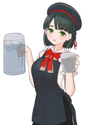  1girl absurdres apron beret black_apron black_hair black_hat black_skirt braid collared_shirt commentary cup frilled_shirt_collar frills green_eyes hachiban_ramen hachiban_ramen_uniform hair_ribbon hat highres holding holding_cup holding_pitcher link!_like!_love_live! looking_at_viewer love_live! miniskirt momose_ginko official_alternate_costume parted_lips pitcher_(container) pleated_skirt puffy_short_sleeves puffy_sleeves ribbon shirt short_hair short_sleeves side_braids simadaburyu simple_background skirt smile solo virtual_youtuber white_background white_shirt 