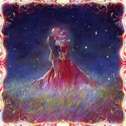  2girls closed_eyes dark-skinned_female dark_skin dated dress epaulettes glasses gloves grass highres himemiya_anthy holding_hands long_hair multiple_girls night pink_hair purple_hair red_dress short_hair shoujo_kakumei_utena tenjou_utena tiara will-o'-the-wisp_(mythology) windychariot yuri 