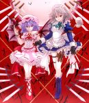  bat_wings braid chain chains fingerless_gloves gloves hat highres holster izayoi_sakuya knife lavender_hair maid maid_headdress mickey_dunn moon multiple_girls pocket_watch red_eyes red_moon remilia_scarlet short_hair silver_hair thigh_holster throwing_knife touhou twin_braids watch weapon wings 