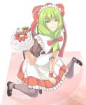  apron bad_id black_legwear black_pantyhose bow cake chair dress food frills front_ponytail fruit green_eyes green_hair hair_bow hair_ribbon highres kagiyama_hina kirituki mary_janes nail_polish pantyhose ribbon santa_claus shoes short_hair solo strawberry touhou 