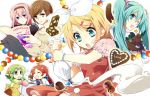  6girls aqua_eyes aqua_hair bad_id blonde_hair brown_eyes brown_hair candy chocolate chocolate_heart green_hair gumi hair_ornament hairclip hatsune_miku heart icing kagamine_rin magazine megurine_luka meiko miki miki_(vocaloid) modomu multiple_girls pastry pastry_bag pink_hair red_hair redhead sf-a2_miki short_hair smile spring_onion vocaloid 