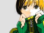  artist_request blonde_hair brown_eyes brown_hair drawer face hands persona persona_4 satonaka_chie short_hair solo track_jacket zipper 