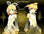  arm_warmers blonde_hair brother_and_sister character_name detached_sleeves hair_ornament hair_ribbon hairclip happy_birthday headphones highres ichinose_yukino kagamine_len kagamine_len_(append) kagamine_rin kagamine_rin_(append) navel navel_cutout popped_collar ribbon short_hair shorts siblings smile twins vocaloid vocaloid_append yukinosetsu 