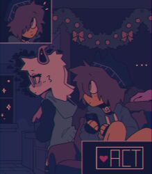  act_button bell_collar brown_hair christmas_decoration chromatic_aberration deceased_bunny_(artist) deltarune glasses kris_(deltarune) paws ralsei soul_(deltarune) sweater white_fur 