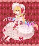  alternate_costume argyle argyle_background blonde_hair bonnet bow brooch dress flandre_scarlet flower frilled_dress frills hair_bow highres jewelry lace lolita_fashion long_hair nail_polish red_eyes red_rose ring rose side_ponytail solo the_embodiment_of_scarlet_devil touhou wings wrist_cuffs yutsumoe 