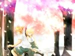  blonde_hair brother_and_sister cherry_blossoms closed_eyes dress eyes_closed hair_ribbon highres kagamine_len kagamine_rin outdoors outside ribbon ryou_(fallxalice) short_hair siblings smile thigh-highs thighhighs tree twins vocaloid wallpaper zettai_ryouiki 