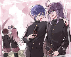 2boys 2girls anno_voc arm_around_shoulder black_hairband black_jacket black_thighhighs blue_eyes blue_hair brown_hair cherry_blossoms diploma_tube falling_petals gakuran hairband highres jacket kaito kaito_(vocaloid) kamui_gakupo long_hair looking_at_another male_focus megurine_luka meiko_(vocaloid) multiple_boys multiple_girls one_eye_closed open_mouth petals pink_hair pink_skirt pleated_skirt ponytail purple_hair school_uniform selfie short_hair skirt smile spring_(season) thigh-highs very_long_hair vocaloid