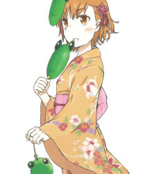  1girl brown_eyes brown_hair commentary cowboy_shot floral_print flower frog_mask from_side gekota green_mask hair_flower hair_ornament hand_fan hand_up holding holding_fan japanese_clothes kimono light_blush light_smile mask mask_on_head misaka_mikoto official_style orange_kimono pink_sash red_flower sash short_hair simple_background solo standing toaru_kagaku_no_railgun toaru_majutsu_no_index white_background wide_sleeves yakutashi yukata 