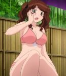  1girl amagami bamboo bikini blush brown_eyes brown_hair cap collarbone fingernails hand_on_face highres nakata_sae open_mouth outdoors ribbon screencap sitting solo stitched swimsuit teeth twintails 