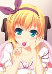  black_pantyhose blonde_hair blush breasts cleavage food green_eyes hairband isurugi_mio licking long_hair lying mm! on_stomach open_mouth pantyhose rip@lip solo tongue 