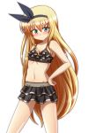  bikini black_bra black_skirt blonde_hair blush bra flo frilled_bikini frills gathers green_eyes hairband hand_on_hip isurugi_mio lingerie long_hair mm! navel shiny shiny_skin simple_background skirt solo swimsuit underwear 