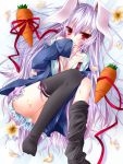  animal_ears bad_id bare_shoulders black_legwear blazer blush bunny_ears bunny_tail carrot carrying covering covering_face covering_mouth flower lavender_hair leg_ribbon legs long_hair looking_at_viewer lying nemokochi no_bra no_panties off_shoulder on_back open_clothes open_shirt petals purple_hair red_eyes reisen_udongein_inaba shirt solo tail tetsu_tissue thigh-highs thighhighs thighhighs_pull touhou very_long_hair 