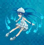  adapted_costume blue_eyes blue_hair bracelet checkered checkered_background dress frills gradient_hair haruno hat ikamusume jewelry leg_garter long_hair multicolored_hair shinryaku!_ikamusume shoes solo tentacle_hair thigh_strap underwater water 