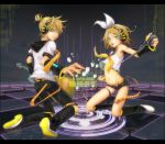  bad_id blonde_hair brother_and_sister guitar hair_ornament hair_ribbon hairclip headphones highres instrument kagamine_len kagamine_rin microphone microphone_stand midriff navel ribbon short_hair shorts siblings smile twins vintage_microphone vocaloid 