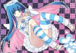  1girl bad_id bangs blue_hair blunt_bangs bracelet breasts checkered checkered_background choker cleavage dress green_eyes halo jewelry jpeg_artifacts long_hair loose_thighhigh multicolored_hair nail_polish panty_&amp;_stocking_with_garterbelt pink_hair sandals smile solo stocking_(character) stocking_(psg) striped striped_legwear striped_thighhighs thigh-highs thighhighs toenail_polish two-tone_hair very_long_hair yukiwo 
