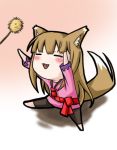  animal_ears brown_hair chibi fang holo horo reaching shinonome_shin&#039;ichirou shinonome_shin'ichirou sitting solo spice_and_wolf tail wolf_ears wolf_tail 