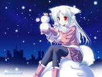  christmas collar foxgirl inakoi kamishiro_mutsuki photoshop red_eyes santa_costume snow thigh-highs thighhighs white_hair 