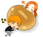  blush bread bread_in_mouth chibi eating food hair_bun heart inoue_orihime kurosaki_ichigo miniboy minigirl sleeping spoken_heart z 