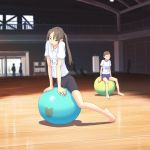  balance_ball barefoot bike_shorts brown_eyes brown_hair copyright_request exercise_ball feet female flash_tomo gym_uniform highres indoors long_hair school twintails 