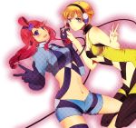  blonde_hair blue_eyes blush extpil fuuro_(pokemon) gloves gym_leader hair_ornament hand_holding headphones highres holding_hands kamitsure_(pokemon) midriff mota_(extpil) navel pantyhose pokemon pokemon_(game) pokemon_black_and_white pokemon_bw red_hair redhead short_shorts shorts v 