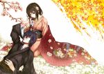  1girl black_hair couple flower flower_on_head hair_flower hair_ornament hakuouki_shinsengumi_kitan hand_in_hair hand_on_another's_face hand_on_stomach hand_to_face japanese_clothes kawakami_shuuichi kimono long_hair lying on_back saitou_hajime_(hakuouki) short_hair side_ponytail sitting smile syu yukimura_chizuru 