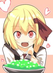  bad_id blonde_hair blush face fangs food food_on_face foreshortening hair_ribbon heart highres konro open_mouth pov_feeding red_eyes ribbon rumia shamo_(koumakantv) short_hair solo spoon the_embodiment_of_scarlet_devil touhou youkai 