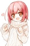  1girl :d aran_sweater bangs blush brown_eyes commentary_request eyebrows_visible_through_hair hands_up head_tilt heart long_hair long_sleeves looking_at_viewer open_mouth original redhead simple_background sleeves_past_wrists smile solo sweater upper_body white_background white_sweater yuuhagi_(amaretto-no-natsu) 