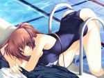  1girl breast_press breasts brown_eyes brown_hair dead_or_alive iizuki_tasuku kasumi one-piece_swimsuit ponytail pool ribbon school_swimsuit solo swimsuit water 