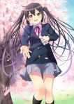  brown_hair english k-on! kitagawa_unagi long_hair nakano_azusa petals school_uniform spring_(season) tree twintails 