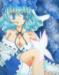  alternate_color bare_shoulders blue_eyes blue_hair breasts butterfly choker cleavage ghost hat japanese_clothes kazra off_shoulder saigyouji_yuyuko shikishi solo touhou 