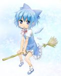  bad_id bamboo_broom blue_eyes blue_hair bow broom broom_riding cirno dress footwear hair_bow highres jigatei_(omijin) mary_janes omijin open_mouth shoes short_hair sitting socks solo teeth thighs tongue touhou wings 