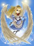  black_pantyhose blonde_hair blue_eyes curtsey hairband long_hair original pantyhose solo wings wolfedge 