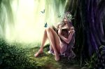  book butterfly elf feet flower forest grey_hair hair_flower hair_ornament legs long_hair nabe_(crow&#039;s_head) nabe_(crow's_head) nature original pointy_ears solo 