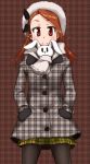  black_legwear black_pantyhose blush bow brown_eyes brown_hair coat hair_bow hands_in_pockets hat idolmaster minase_iori pantyhose plaid scarf skirt solo stuffed_animal stuffed_bunny stuffed_rabbit stuffed_toy tartan ttomm 