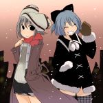  aki_(akikaze_asparagus) alternate_costume animal_ears blue_hair checkered checkered_legwear cirno coat contemporary grey_hair grin hat mittens multiple_girls nazrin object_on_head perfect_cherry_blossom scarf smile thighhighs touhou trench_coat zettai_ryouiki 