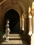  barefoot brown_hair dark dress ico ico_(game) jiro_(ninetysix) looking_back pillar short_hair solo standing yorda 