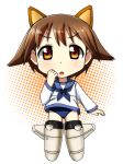  animal_ears bad_id brown_eyes brown_hair chibi dog_ears miyafuji_yoshika one-piece_swimsuit sailor sailor_uniform school_swimsuit short_hair solo strike_witches striker_unit swimsuit swimsuit_under_clothes ujimushi 