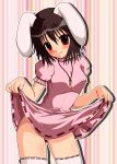  absurdres animal_ears bad_id black_hair blush brown_hair bunny_ears carrot dress dress_lift highres inaba_tewi jewelry necklace oyahada red_eyes short_hair smile solo thigh thigh-highs thighhighs thighs touhou white_legwear white_thighhighs 