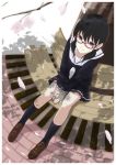  black_eyes black_hair glasses highres legs original petals school_uniform serafuku sitting solo tsuttsu yukino_tsubu 