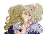  alice_margatroid ama-tou blonde_hair blush chin_grab closed_eyes eyes_closed hairband incipient_kiss kirisame_marisa long_hair multiple_girls mutual_yuri no_hat no_headwear short_hair simple_background touhou witch yuri 