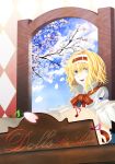  alice_margatroid bad_id blonde_hair cherry_blossoms english green_hair hairband headband kazabosi musical_note open_mouth petals short_hair smile solo touhou window 