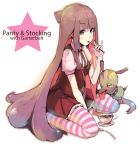  \m/ alternate_hair_color blush brown_eyes chanchan chuck chuck_(psg) long_hair multicolored_hair necktie panty_&amp;_stocking_with_garterbelt sitting spoon stocking_(character) stocking_(psg) striped striped_legwear striped_thighhighs tea thigh-highs thighhighs tongue two-tone_hair very_long_hair wariza 