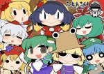  :&gt; :3 aki_minoriko aki_shizuha black_eyes blonde_hair blue_hair censored chibi graphite_(medium) green_hair hair_ornament hair_ribbon hairband hat identity_censor inubashiri_momiji kagiyama_hina kawashiro_nitori kochiya_sanae leaf missile moriya_suwako mountain_of_faith multiple_girls no_nose not_present purple_hair ribbon shameimaru_aya silver_hair snake-eyed_kanako touhou traditional_media ume_(noraneko) yasaka_kanako 