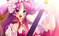  bare_shoulders bicolored_eyes chu_chu_idol chu_x_chu chua_churam cleavage cross game_cg gloves guitar guitar_pick heterochromia instrument long_hair mole ozawa_akifumi pink_hair pointy_ears smile solo white_gloves 